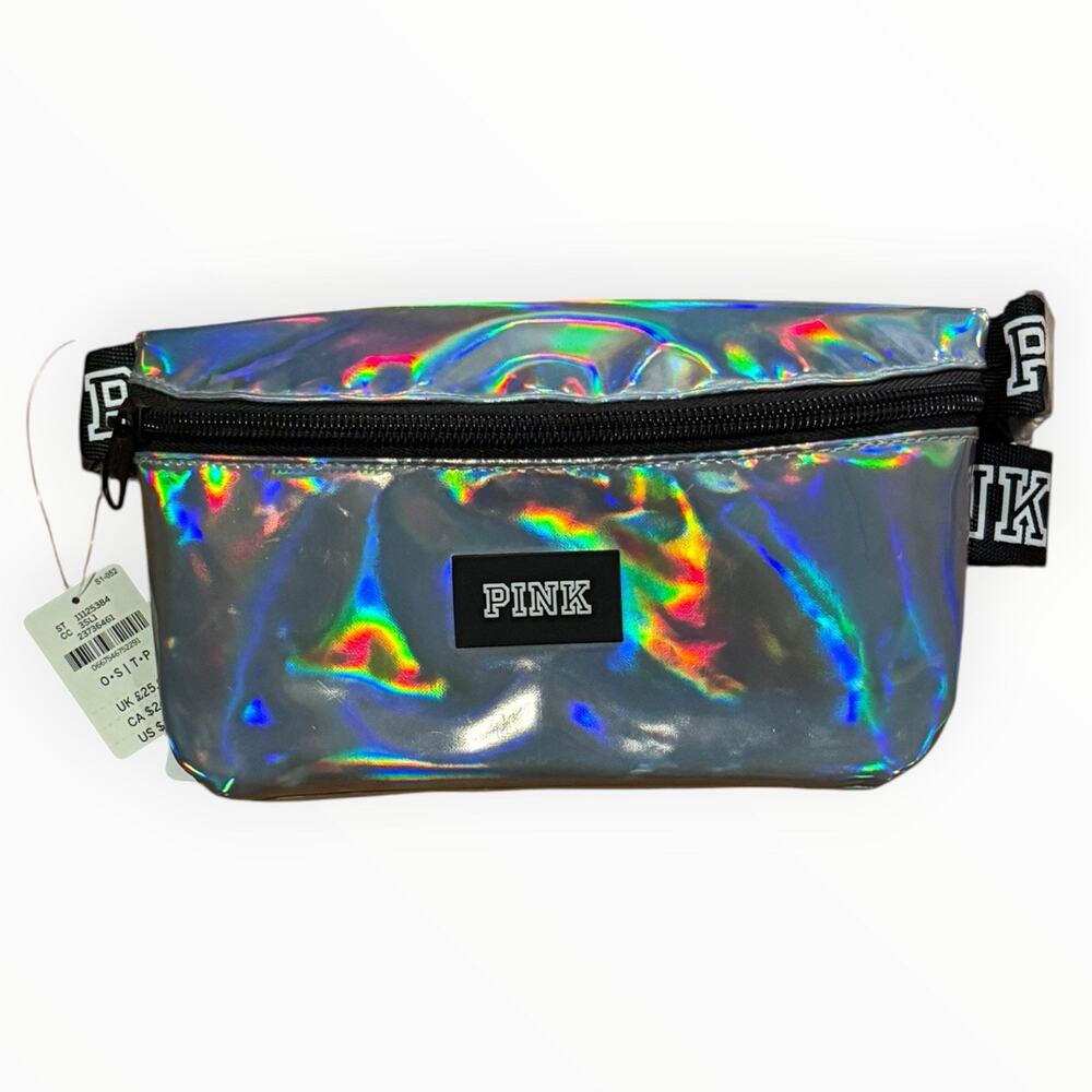VS PINK Silver Holographic Belt Bag Fanny Pack Crossbody Rainbow Metallic NWT